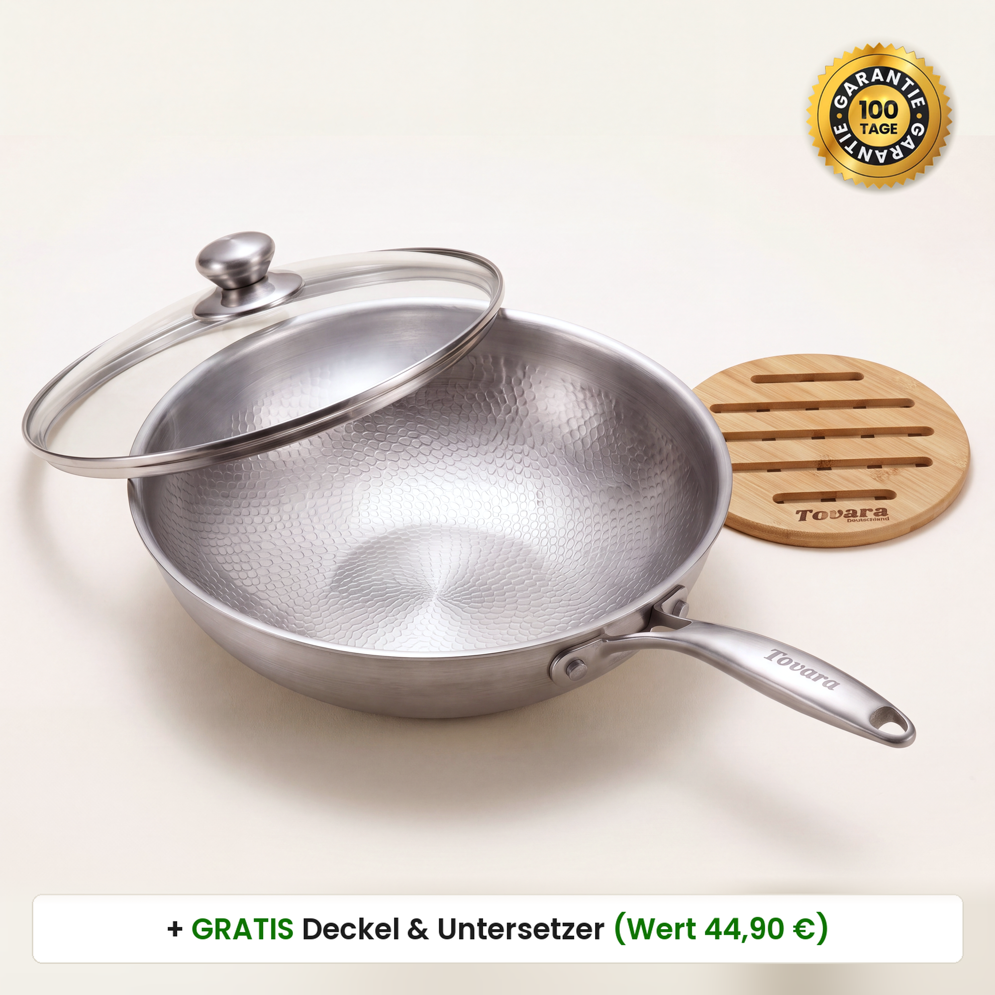 TitaniumPro™ Pfanne mit Glasdeckel und Bambus-Untersetzer